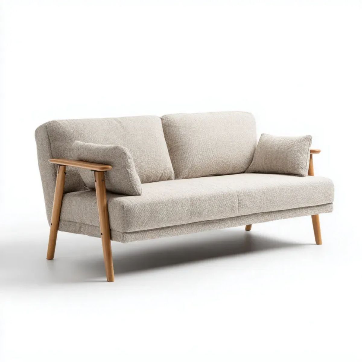 Dwuosobowa sofa beżowa z tapicerką bouclé i drewnianymi podłokietnikami, 160 × 78 × 80 cm