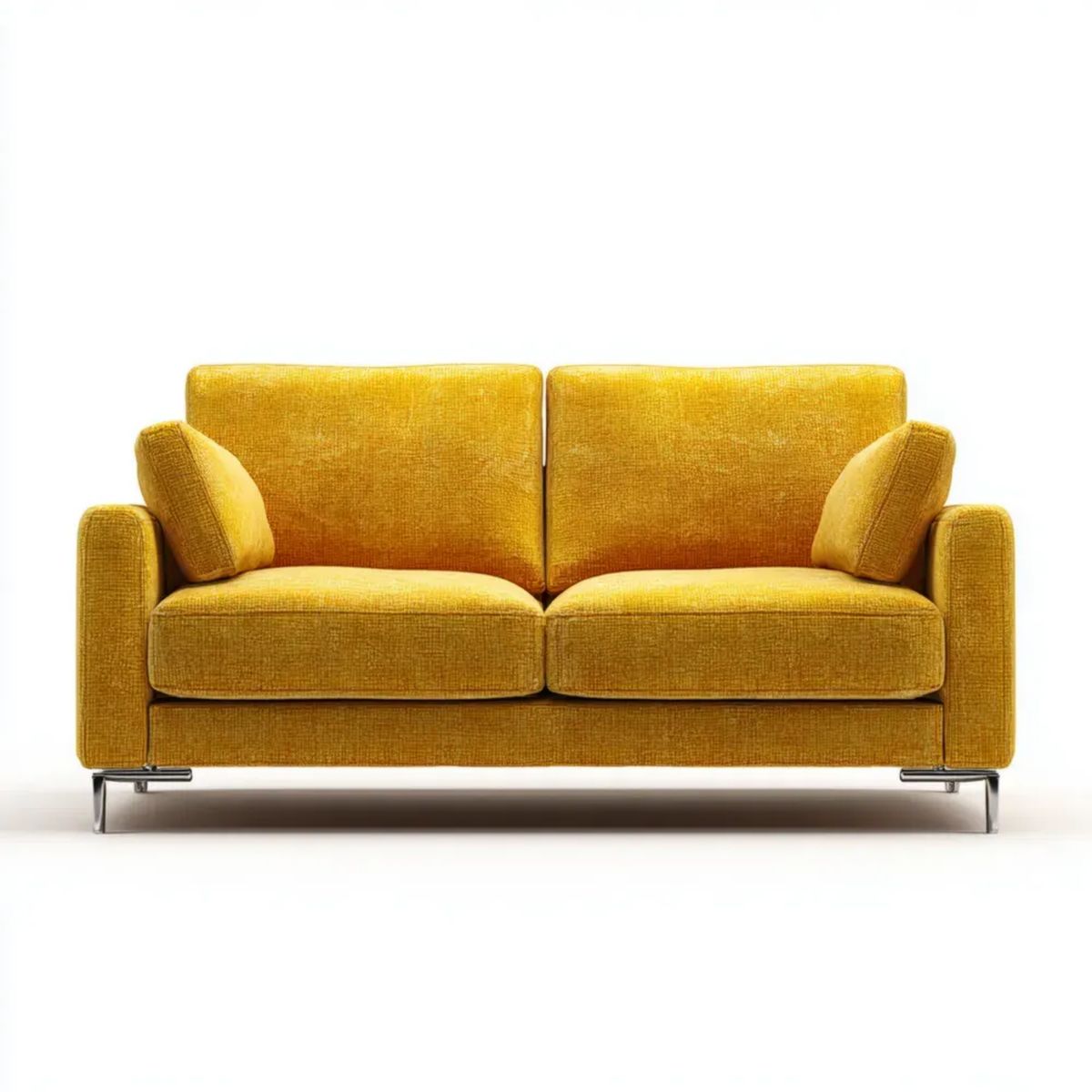 Dwuosobowa sofa tapicerowana z poliestru, musztardowa ze srebrnymi metalowymi nogami, 160 x 85 x 82 cm