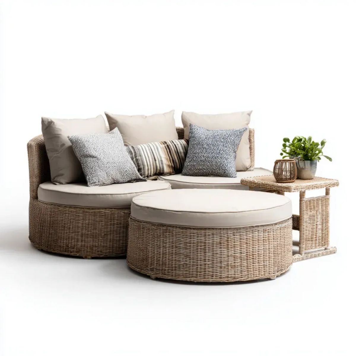 Beżowo-kremowy 3-częściowy zestaw mebli ogrodowych z technorattanu – sofa półokrągła 170 × 85 × 75 cm, pufa 120 × 80 × 38 cm, stolik 75 × 45 × 55 cm