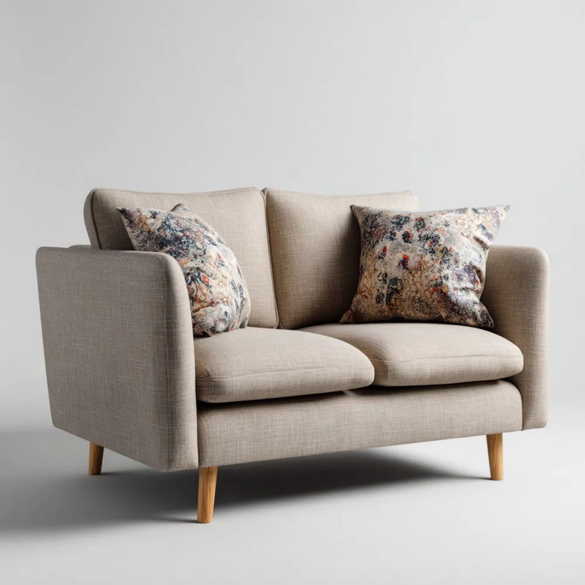 Beżowa sofa dwuosobowa z tapicerką poliestrową i drewnianymi nogami, 160 × 85 × 85 cm