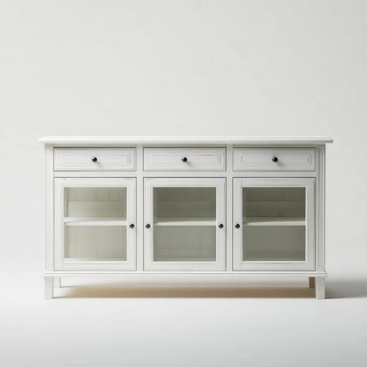 Biały kredens z płyty MDF i szkła 160 x 45 x 100 cm