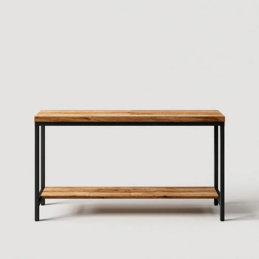 Konsola industrialna z drewna i stali brązowo-czarna 120 × 35 × 80 cm z dolną półką