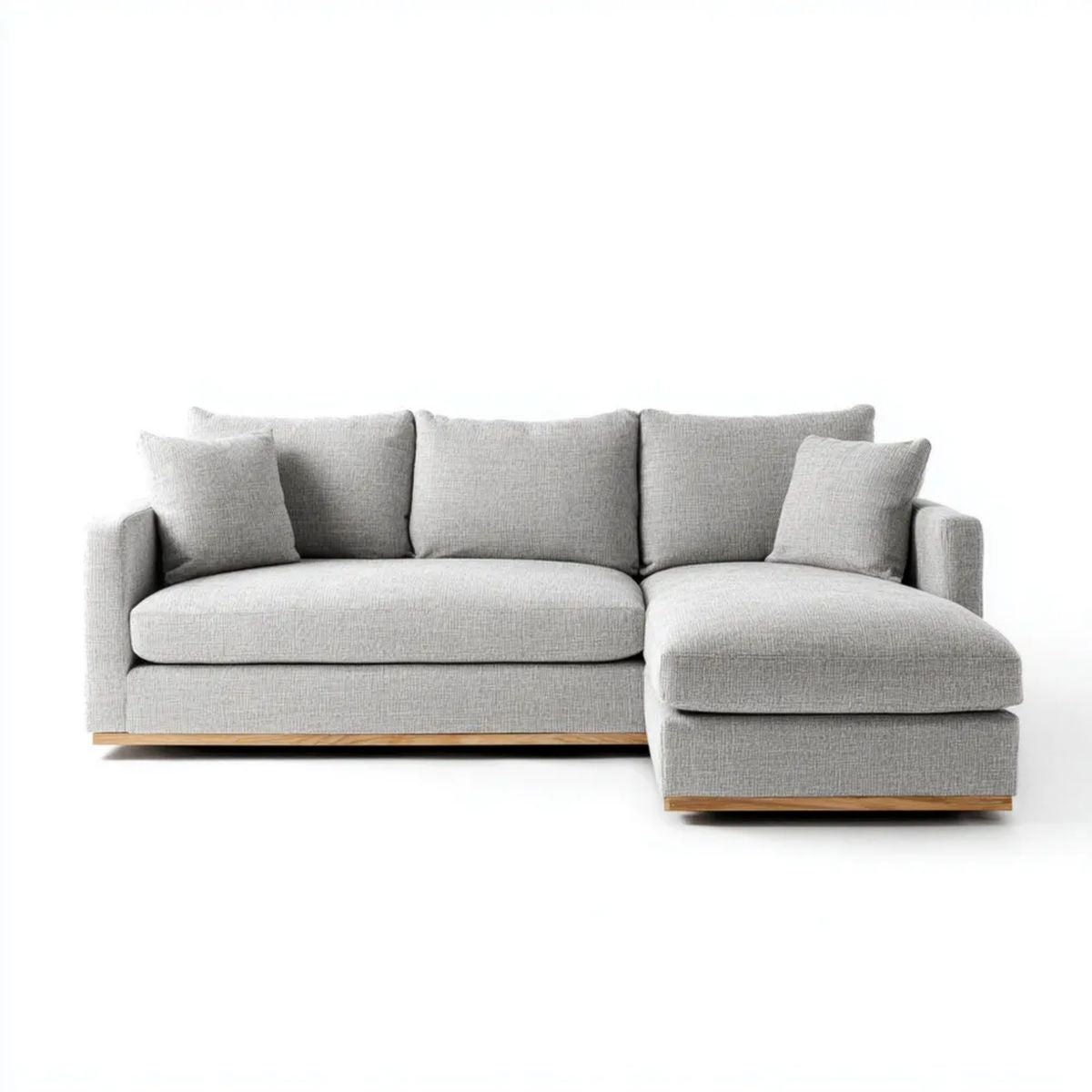 Jasnoszara sofa narożna w kształcie L z prawostronnym szezlongiem, tapicerowana poliestrem, 260 x 160 x 85 cm