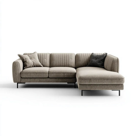 Sofa narożna z prawym szezlongiem, tapicerka poliestrowa, szarobeżowa/czarna, 260 × 160 × 85 cm