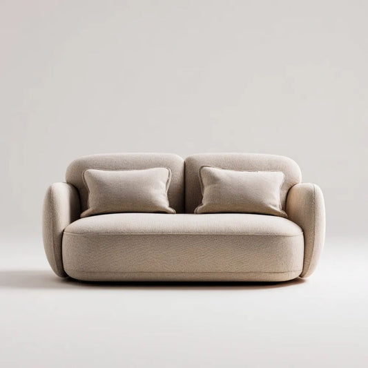 Beżowa sofa dwuosobowa z tapicerką poliestrową, 170 x 90 x 78 cm, zaokrąglona