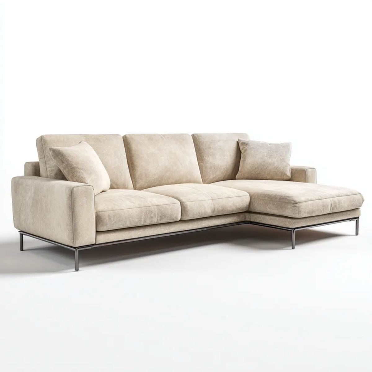 Beżowa sofa narożna w kształcie L z tapicerką poliestrową i czarnymi metalowymi nogami, 280 x 160 x 85 cm