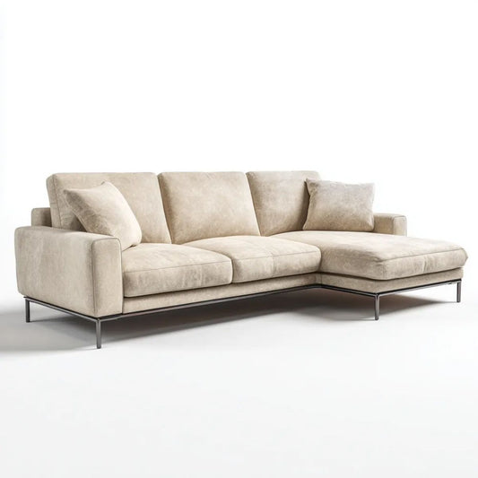 Beżowa sofa narożna w kształcie L z tapicerką poliestrową i czarnymi metalowymi nogami, 280 x 160 x 85 cm
