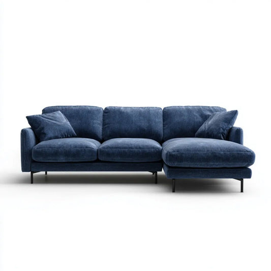 Prawostronna sofa narożna z weluru poliestrowego, granatowa, 260 × 160 × 85 cm