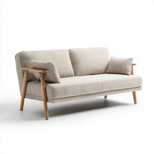 Dwuosobowa sofa beżowa z tapicerką bouclé i drewnianymi podłokietnikami, 160 × 78 × 80 cm
