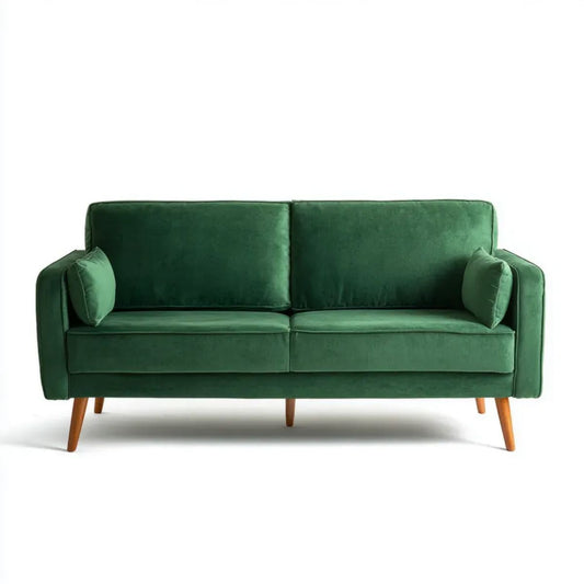 Dwuosobowa sofa aksamitna ciemnozielona z brązowymi nogami, 160 × 80 × 85 cm
