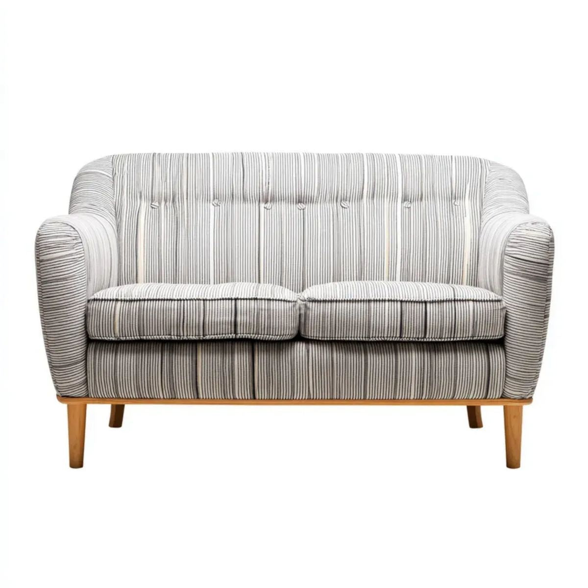 Dwuosobowa sofa z tapicerką tkaninową w szaro-białe pasy, 145 x 82 x 88 cm