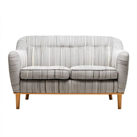 Dwuosobowa sofa z tapicerką tkaninową w szaro-białe pasy, 145 x 82 x 88 cm