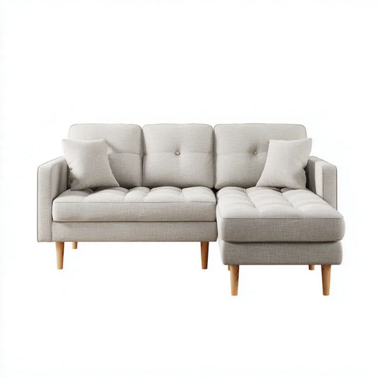 Prawostronna sofa narożna z poliestru w kształcie L, beżowa, 210 × 145 × 85 cm
