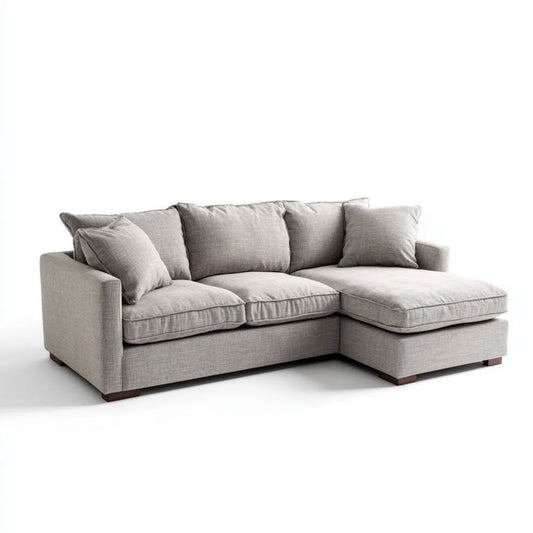Szara sofa narożna z prawostronnym szezlongiem, tapicerka poliestrowa, 250 x 160 x 85 cm