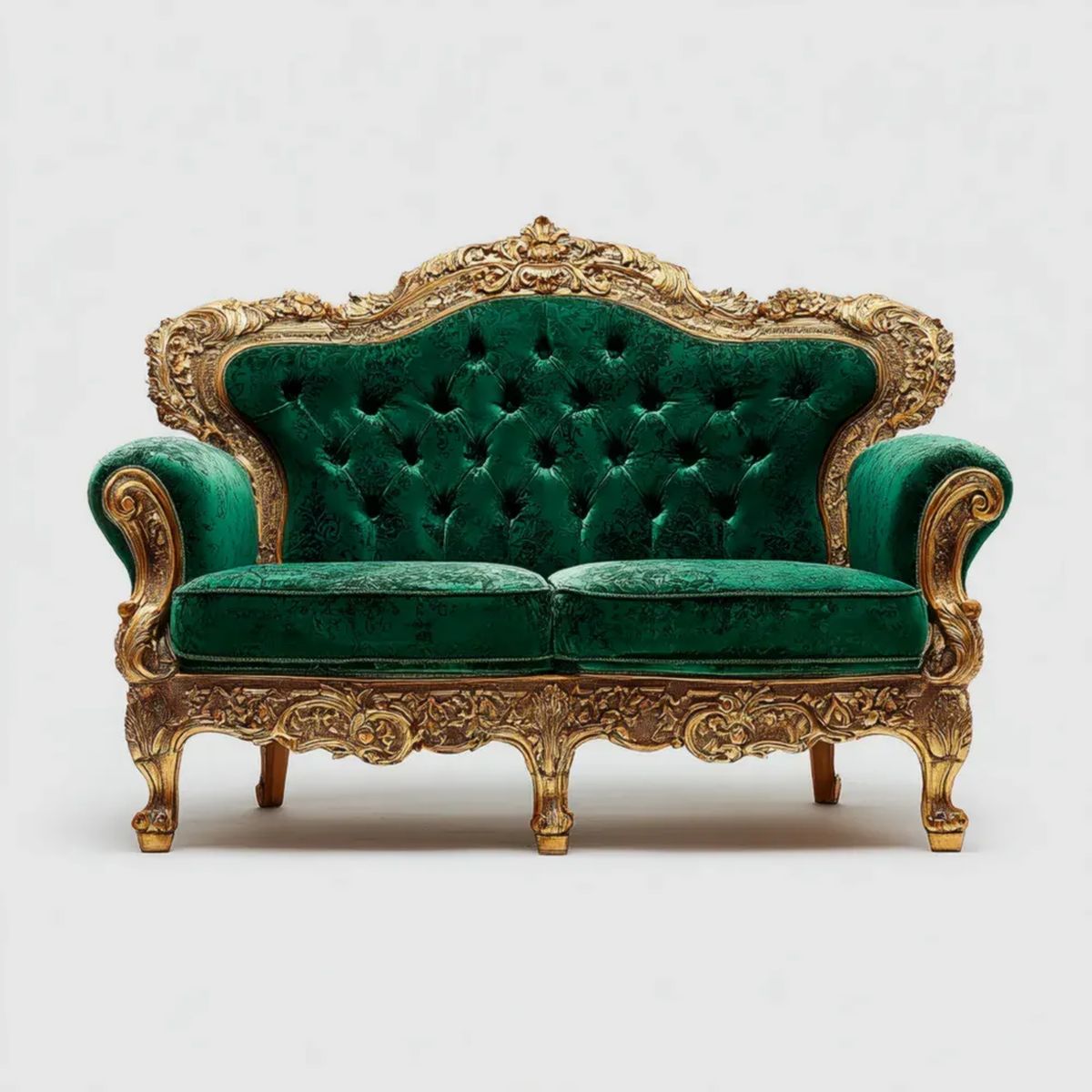 Dwuosobowa sofa zielona z aksamitną tapicerką i złotą drewnianą ramą, 170 x 75 x 115 cm