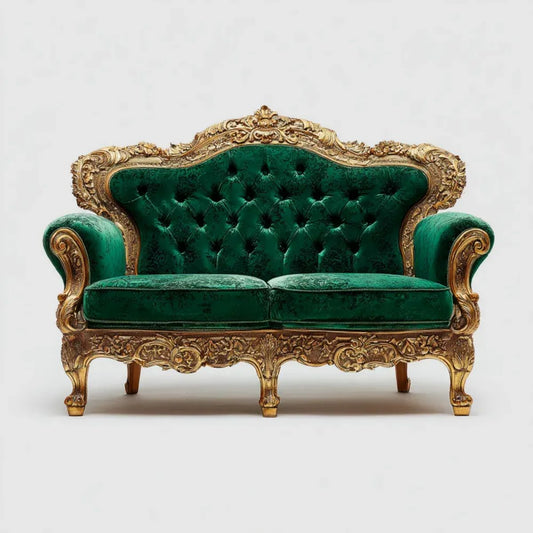 Dwuosobowa sofa zielona z aksamitną tapicerką i złotą drewnianą ramą, 170 x 75 x 115 cm