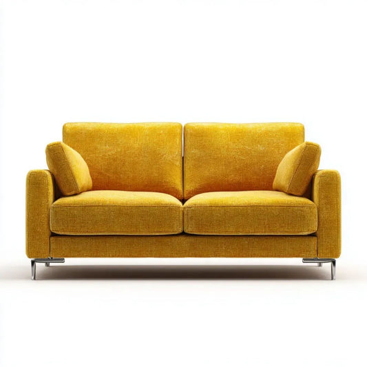 Dwuosobowa sofa tapicerowana z poliestru, musztardowa ze srebrnymi metalowymi nogami, 160 x 85 x 82 cm