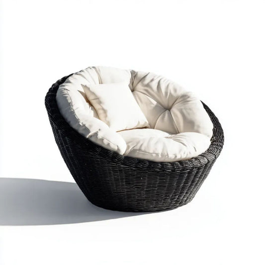 Okrągły fotel ogrodowy papasan z technorattanu, czarny z kremową poduszką, 100 x 100 x 75 cm