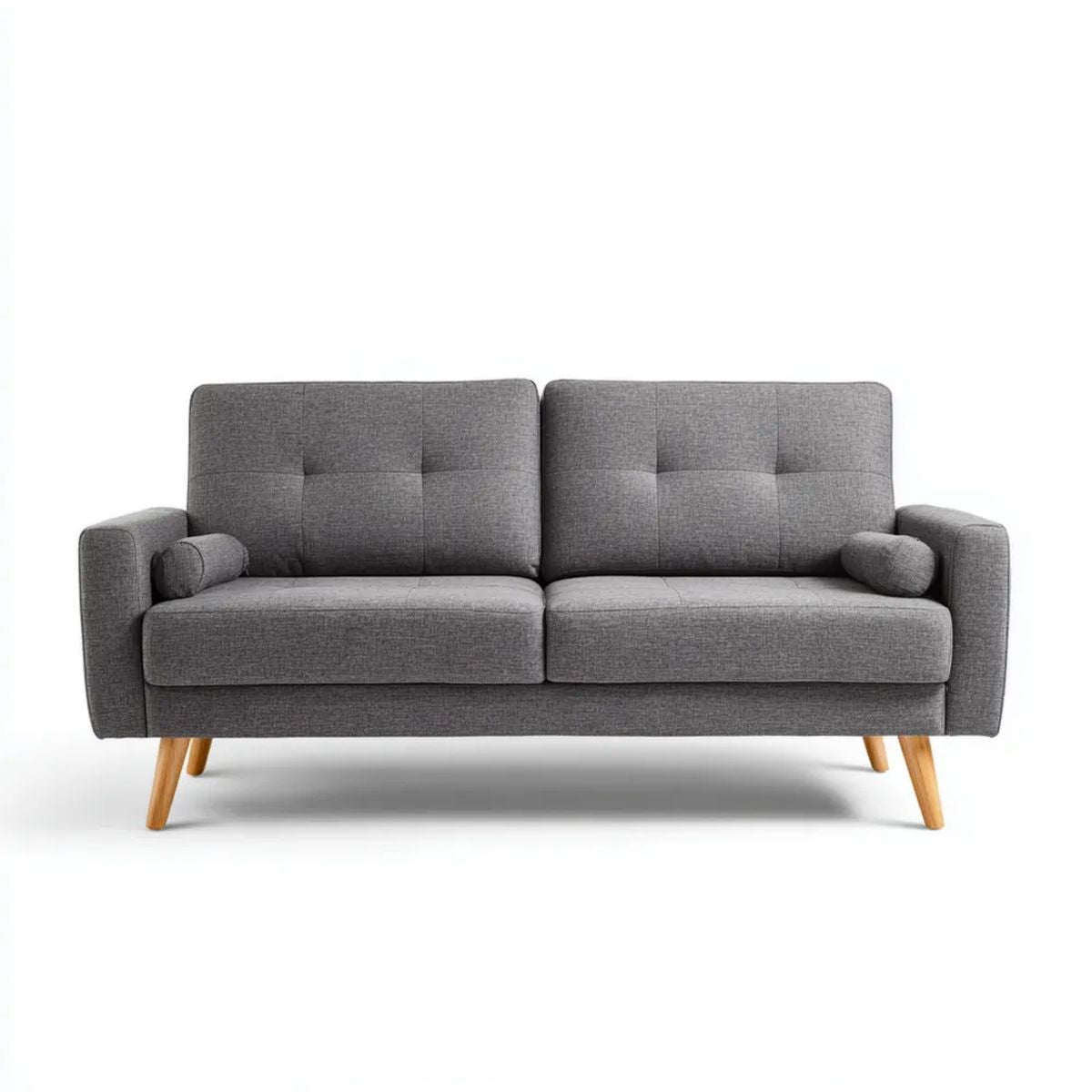 Sofa dwuosobowa szara z tapicerką poliestrową i drewnianymi nogami, 150 x 80 x 85 cm