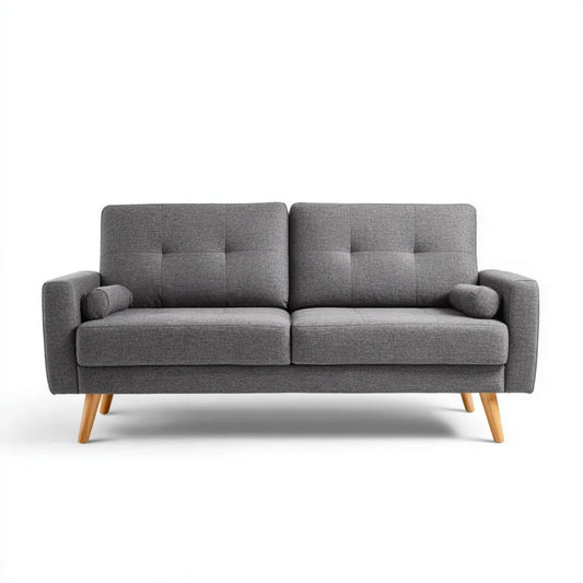 Sofa dwuosobowa szara z tapicerką poliestrową i drewnianymi nogami, 150 x 80 x 85 cm