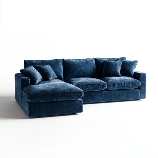 Granatowa sofa narożna z lewostronnym szezlongiem, welur, 260 × 160 × 85 cm