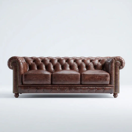 Trzyosobowa sofa Chesterfield brązowa ze skóry syntetycznej PU, 225 x 90 x 78 cm