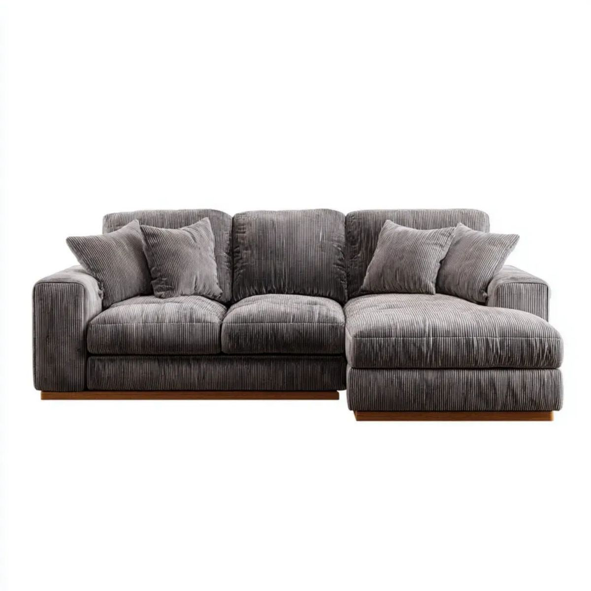 Szara sofa narożna z prawym szezlongiem, tapicerowana sztruksem, 260 × 165 × 85 cm