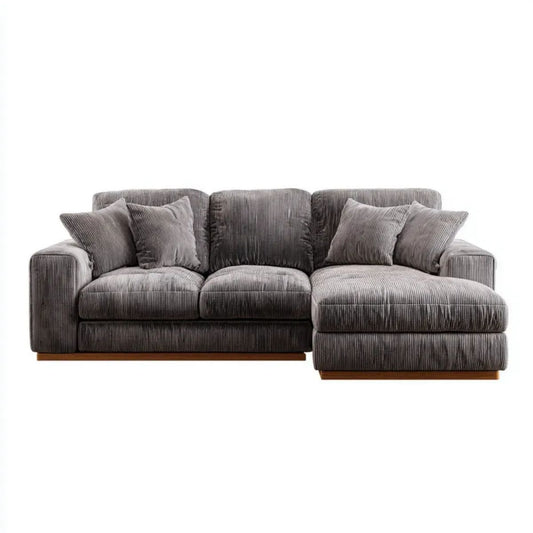 Szara sofa narożna z prawym szezlongiem, tapicerowana sztruksem, 260 × 165 × 85 cm
